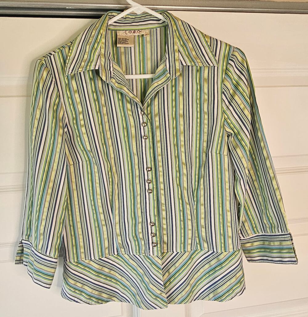 Como Women's Striped 3/4 Sleeve Button Up Shirt M Grosgrain Trim Silver Buttons